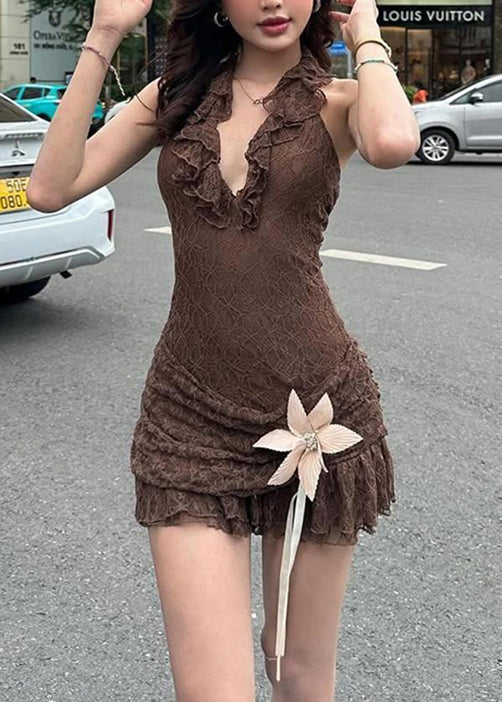 Brown Ruffled Patchwork Lace Halter Dress Sleeveless