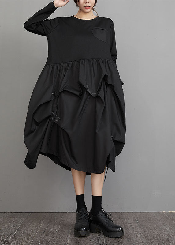 Black O-neck Wrinkled Patchwork Maxi Lantern Dresses Long Sleeve