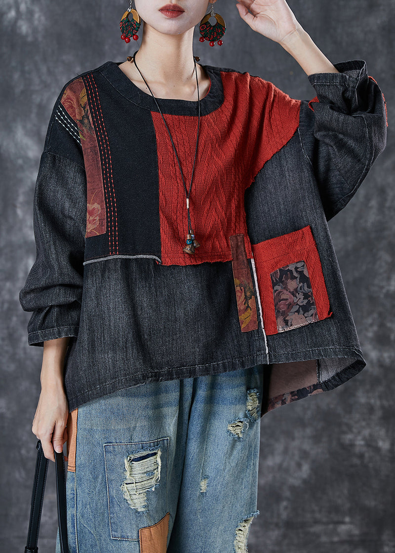 Loose Black Asymmetrical Patchwork Denim Blouse Top Spring