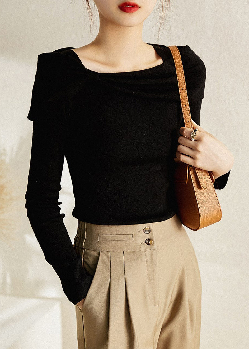 White Square Collar Bow Patchwork Cotton Knit Tops Fall