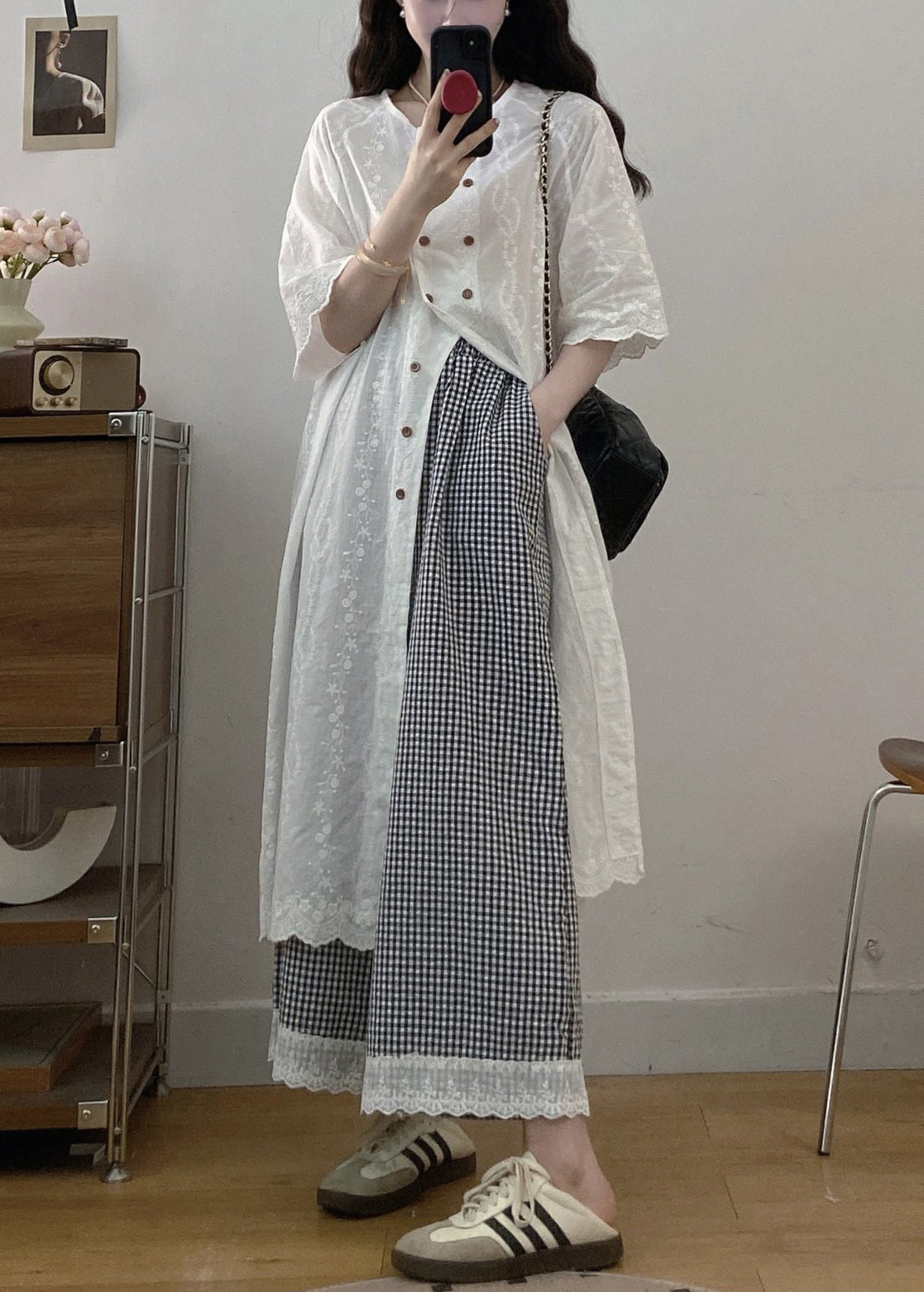 Jacquard White Button Shirt Dress and Plaid Wide Leg Pants Cotton Two Piece Set Half Sleeve