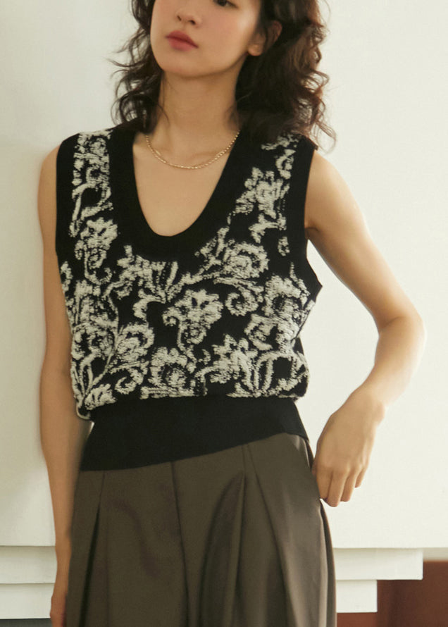 Black White Print U Neck Knitted Cotton Sweaters Waistcoat Sleeveless