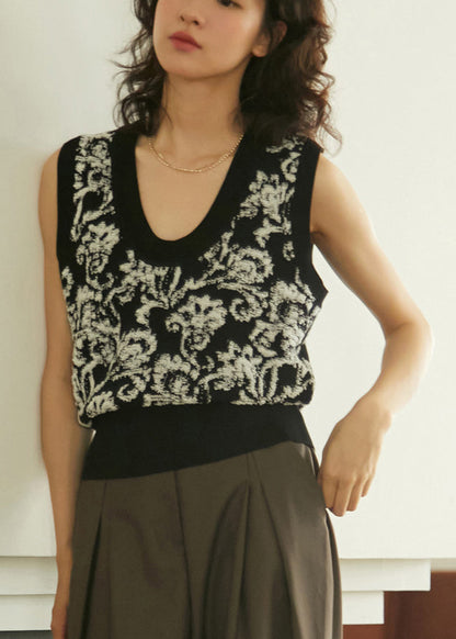 Black White Print U Neck Knitted Cotton Sweaters Waistcoat Sleeveless