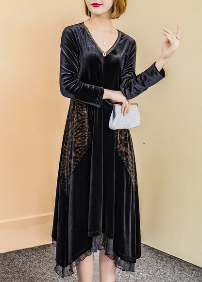 Black V Neck Ruffled Zircon Patchwork Velour Dress Fall