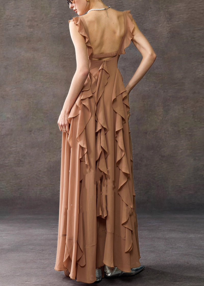 Coffee Square Collar Ruffled Cotton Long Dress Summer