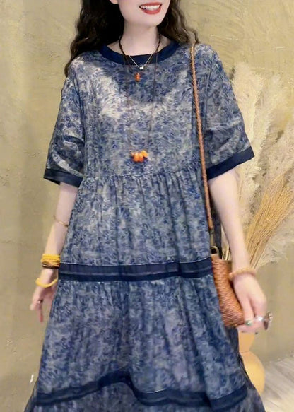 O-neck Print Patchwork Wrinkled Maxi Dress Summer