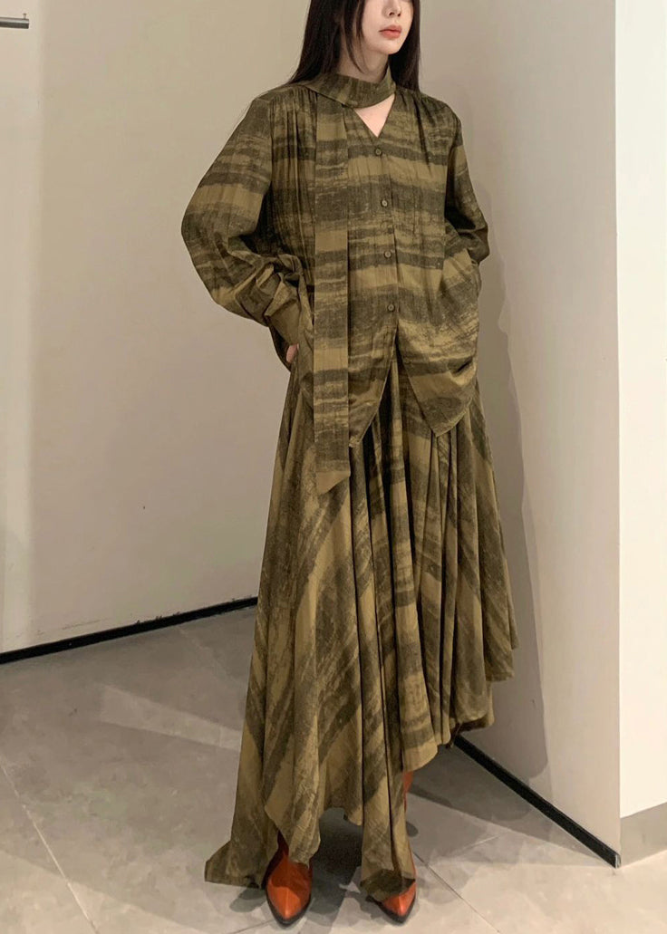 Green Plaid Asymmetrical Cotton Two Pieces Set Spring