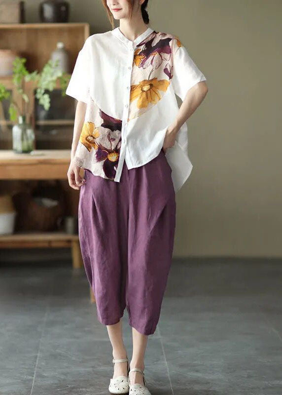 White Asymmetrical Design Print Loose Fall Shirt Half Sleeve