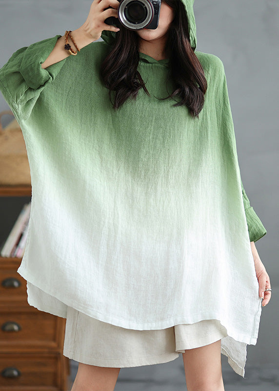 Gradient Green Hooded Linen Loose Sweatshirts Spring