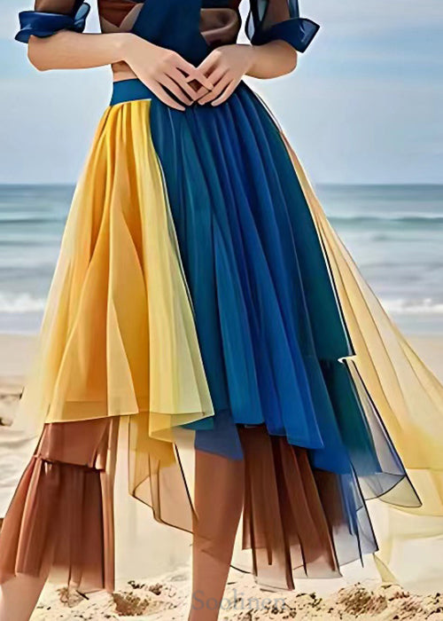 Yellow Wrinkled Elastic Waist Tulle Skirts Summer
