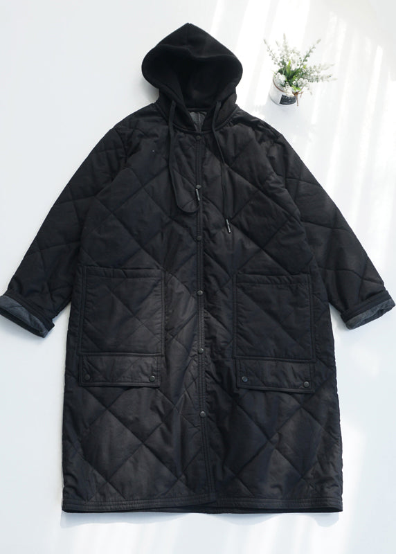 Army Green Pockets Fine Cotton Filled Hooded Coat Fall