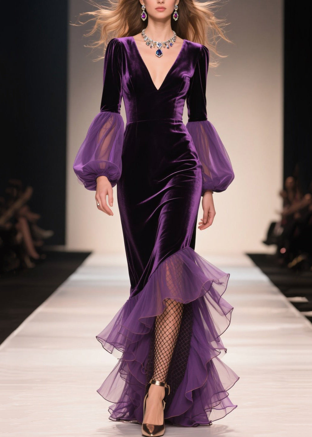 Purple V Neck Asymmetrical Ruffled Patchwork Velvet Dresses Fall