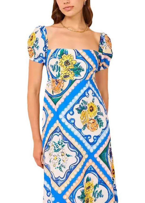 Blue Square Collar Print Long Dress Short Sleeve