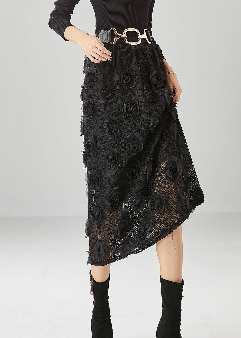 Diy Black High Waist Three-dimensional Knit Skirt Fall