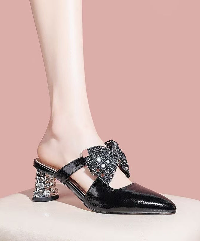 Black Cowhide Leather Splicing Bow Zircon Slide Sandals