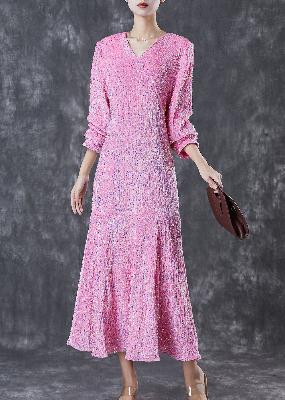 Pink Sequins Wrinkled Silk Velour Dress Vestidos Spring