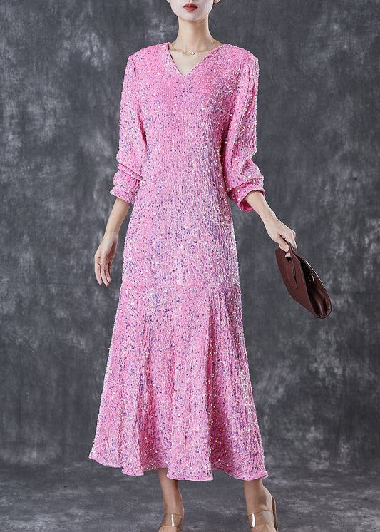 Pink Sequins Wrinkled Silk Velour Dress Vestidos Spring