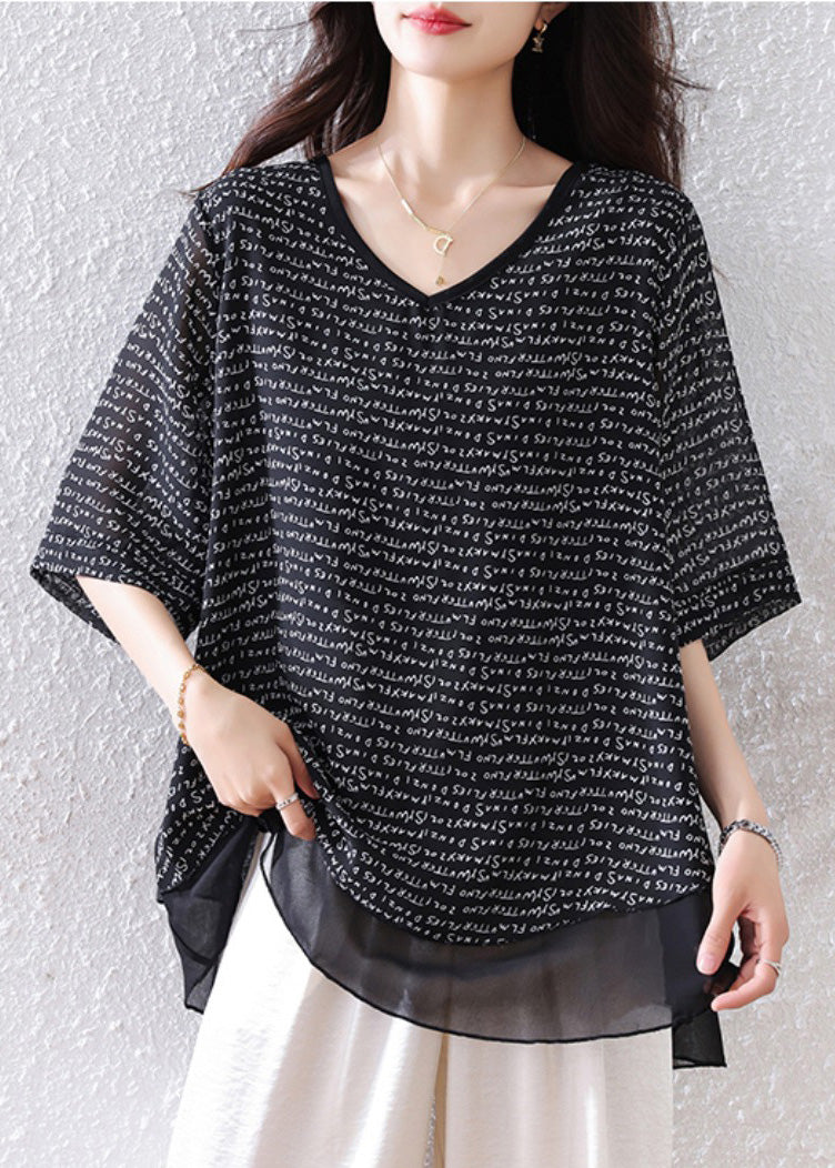 Black Oversized Patchwork Chiffon Tops Summer