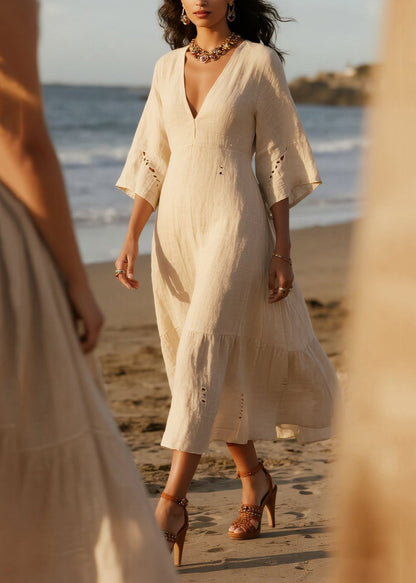 White V Neck Hollow Out Cotton Holiday Dress Summer