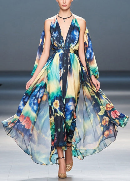 Navy Cold Shoulder Print Chiffon Holiday Dress Summer