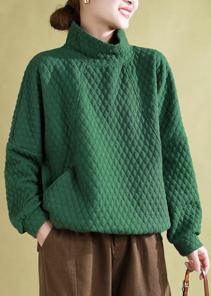Green Hign Neck Pockets Fine Cotton Filled Pullover Sweatshirt Winter