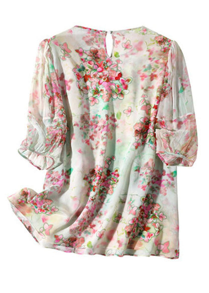Light Green O-neck Ruffled Print Silk Shirts Half Sleeve