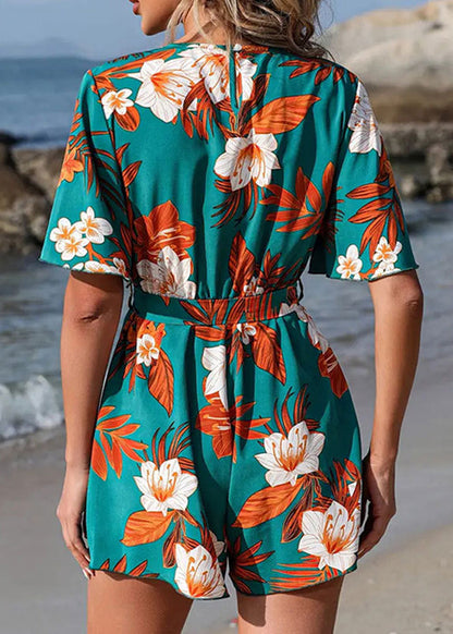 Green V Neck Print Lace Up Cotton Jumpsuit Butterfly Sleeve