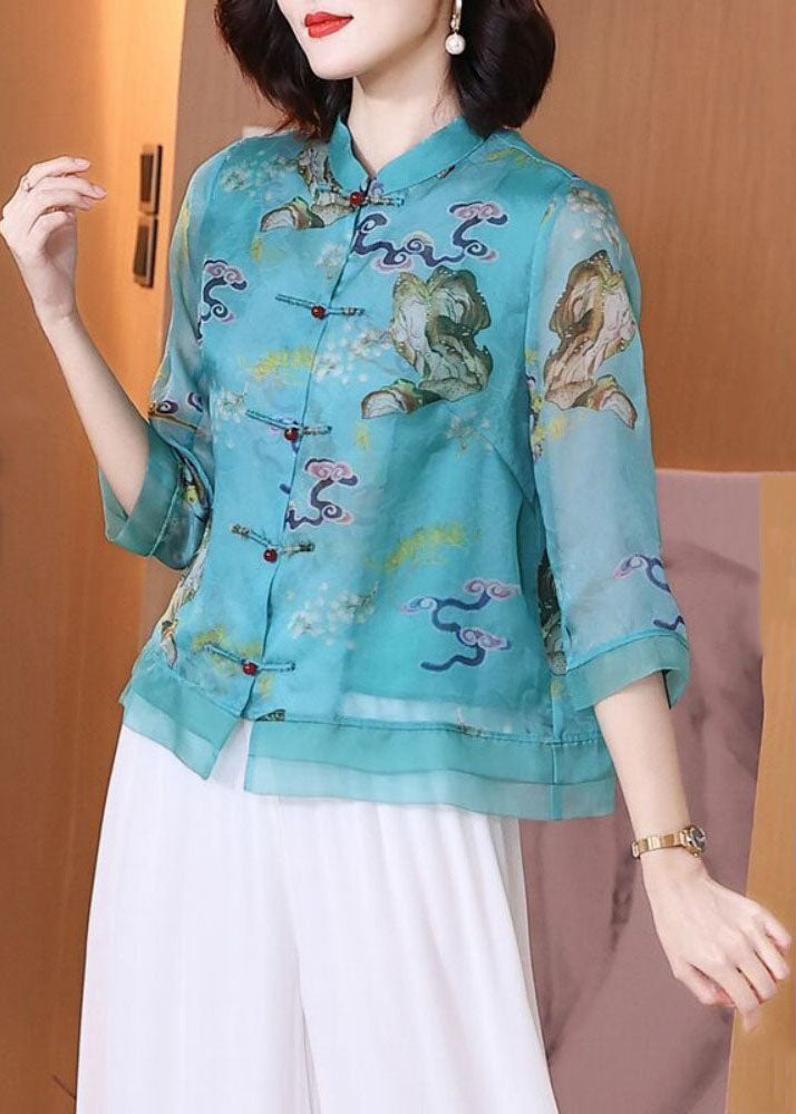 Blue Stand Collar Print Chinese Button Patchwork Linen Tops Summer