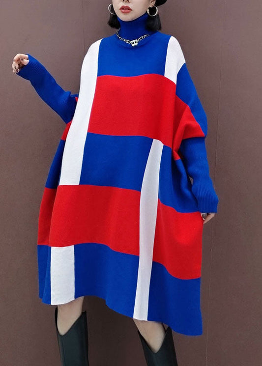 Blue Red Turtle Neck Knit Dress Spring