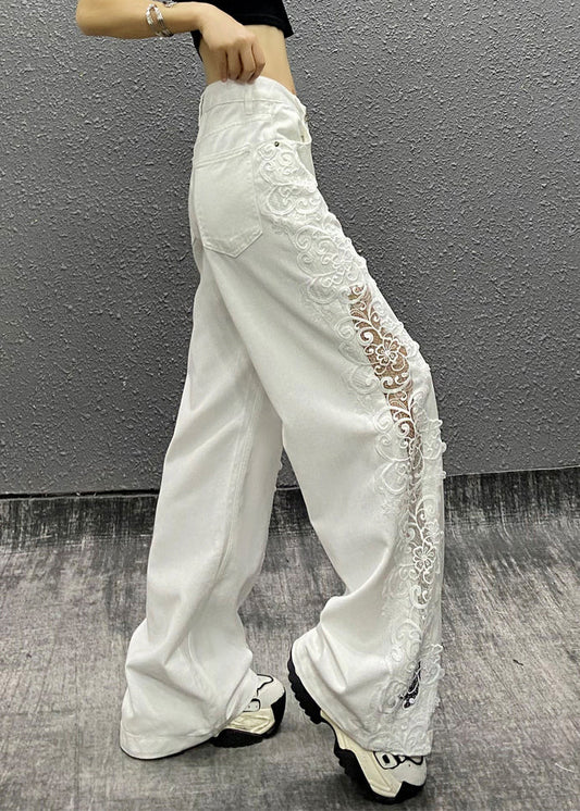 New White Pockets Hollow Out Patchwork Denim Straight Pants Fall