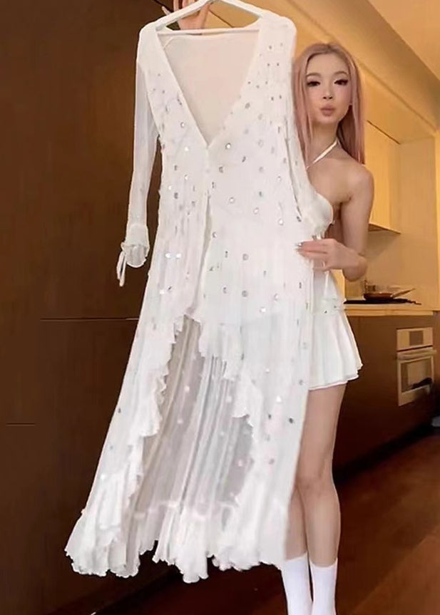 White V Neck Asymmetrical Design Sequins Dresses Long Sleeve