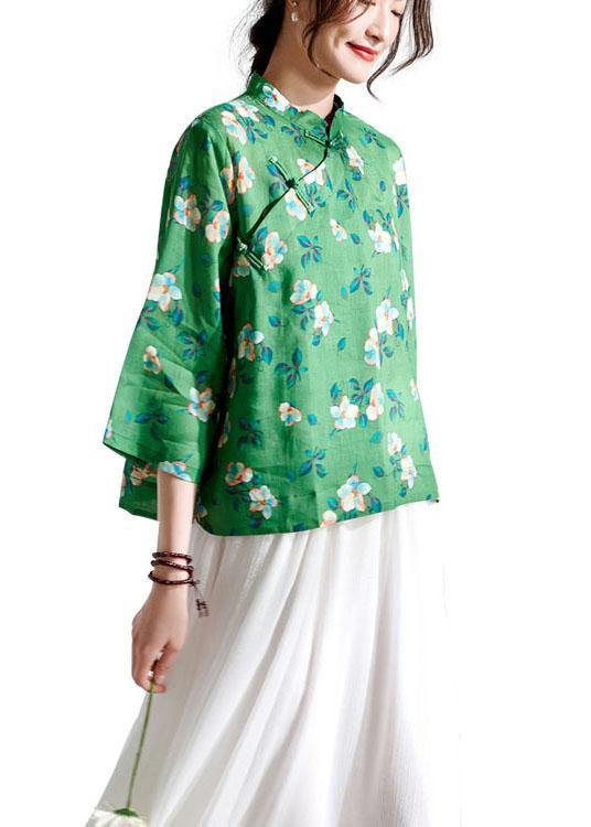 Fitted Green Oriental Print Button Summer Ramie Top