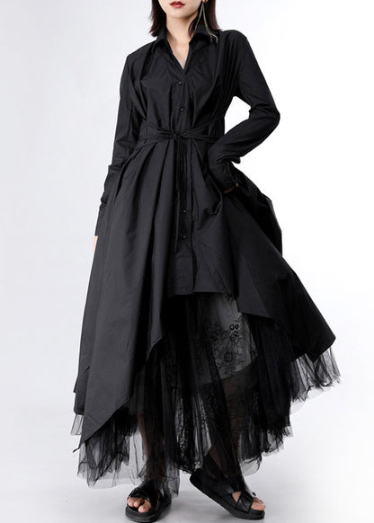 Black Asymmetrical Tie Waist Long Dresses Long Sleeve