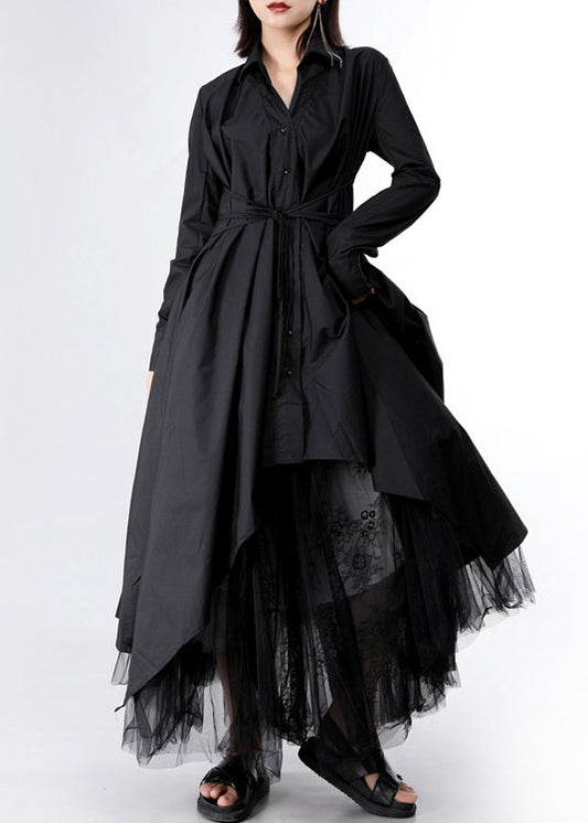 Black Asymmetrical Tie Waist Long Dresses Long Sleeve