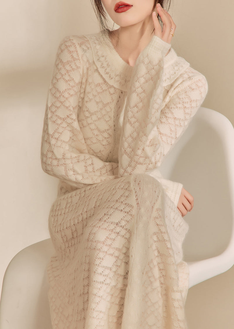 Jacquard Beige O-neck Flattering Knitted Cotton Thread Maxi Dresses Fall