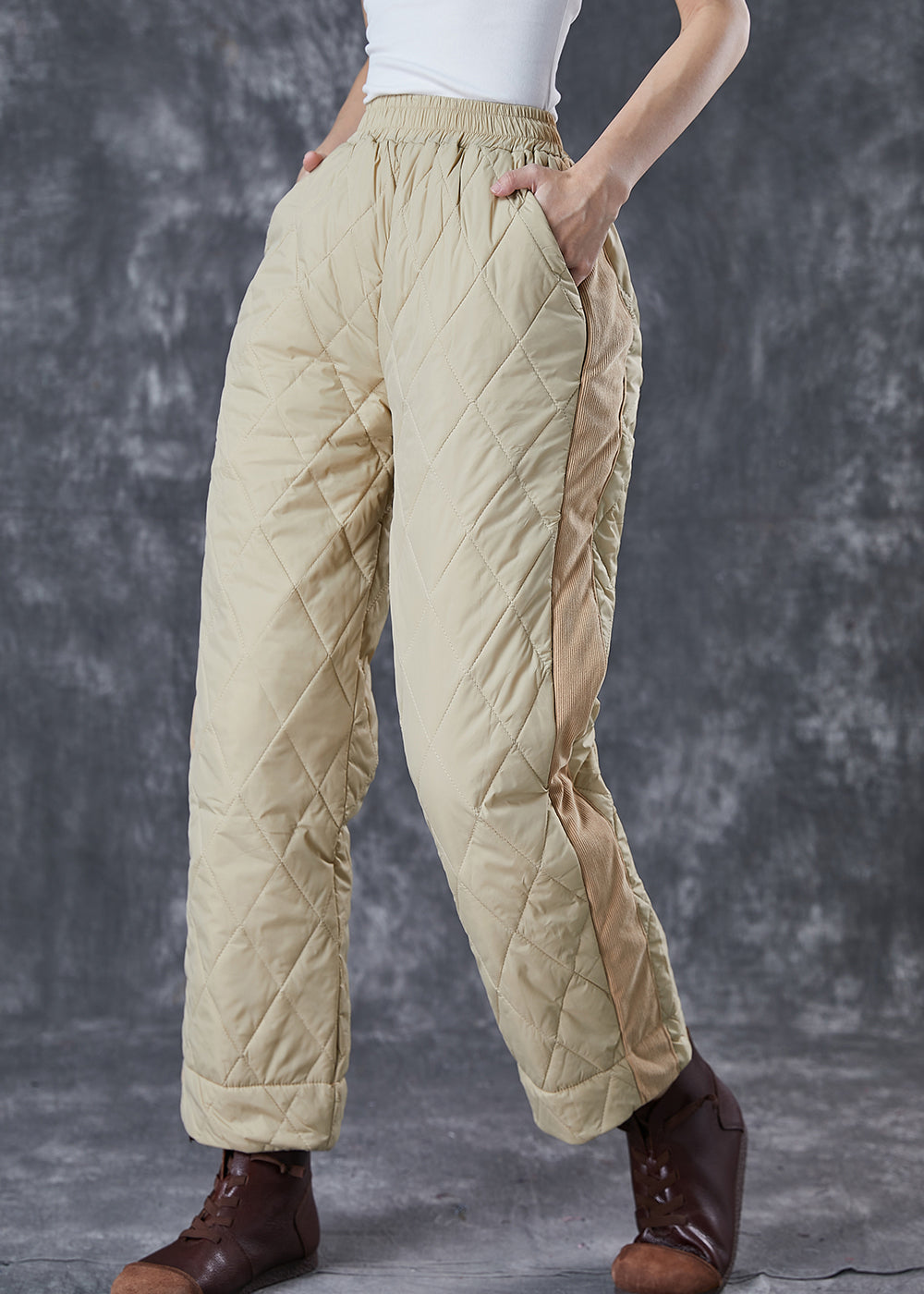Khaki Oversized Patchwork Thick Fine Cotton Filled Pants Winter