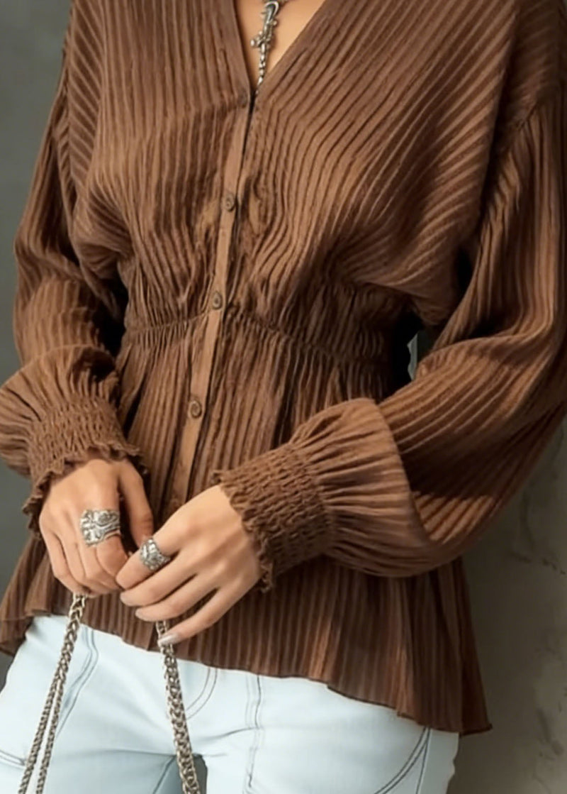 Unique Brown V Neck Button Wrinkled Cotton Shirt Spring