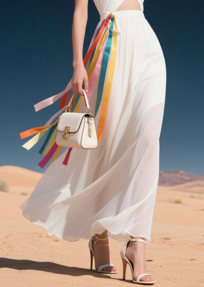 White Cold Shoulder Multicolour Ribbon Chiffon Halter Dress Summer