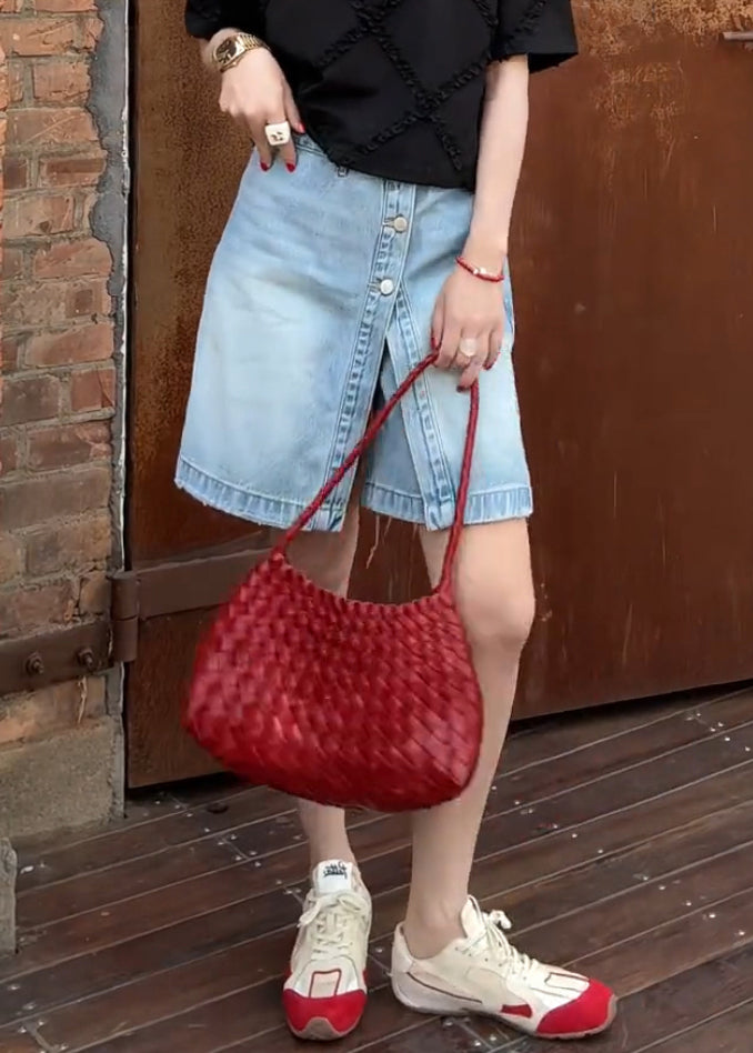 Blue Button False Two Pieces Denim Shorts Summer