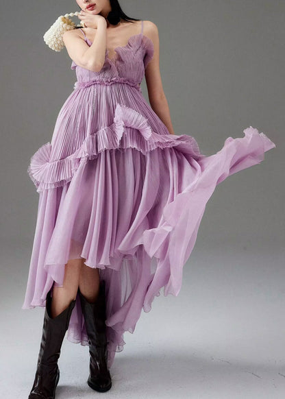 Purple Ruffled Low High Design Chiffon Spaghetti Strap Dress Sleeveless