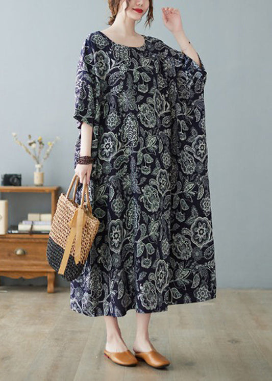 Navy O-neck Print Holiday Long Dress Half Sleeve