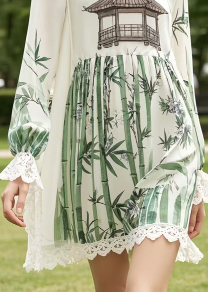White Print Patchwork Lace Chiffon Work Dress Summer