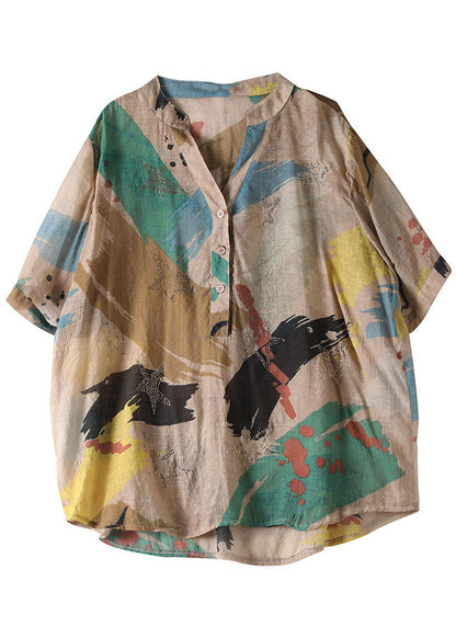 V Neck Print Button Shirt Tops Half Sleeve