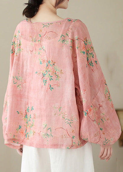 Pink Print Button Patchwork Cotton Tops Long Sleeve