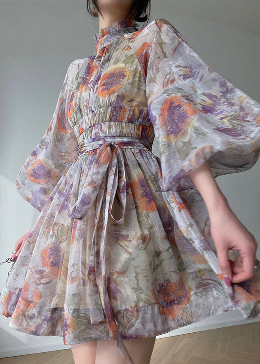 Purple Stand Collar Wrinkled Print Silk Maxi Dresses Lantern Sleeve