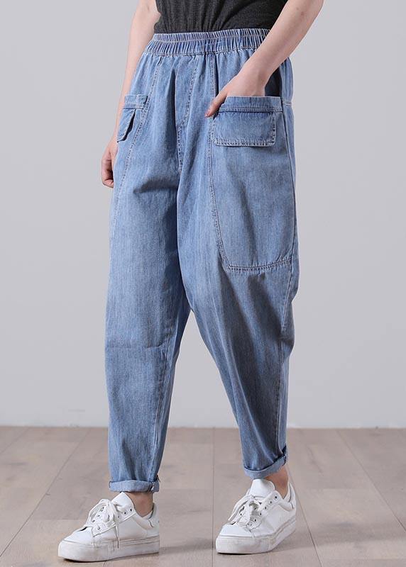 Blue Elastic Waist Pockets Harem Summer Cotton Pants