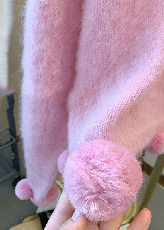 Pink O-neck Fuzzy Ball Decorated Warm Cotton Knit Sweaters Long Sleeve