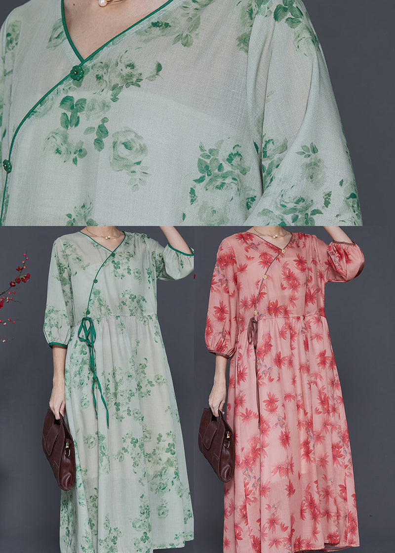 Green Print Linen Long Dress Bracelet Sleeve