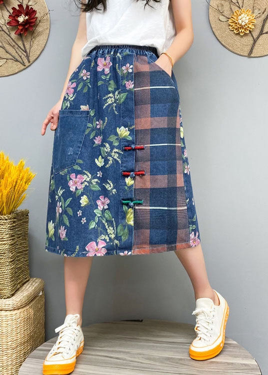 Blue Button Print Patchwork Denim Skirt Spring