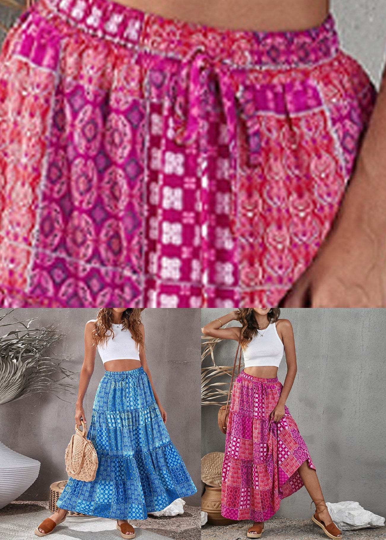 Blue Pockets Elastic Waist Maxi Skirts Summer